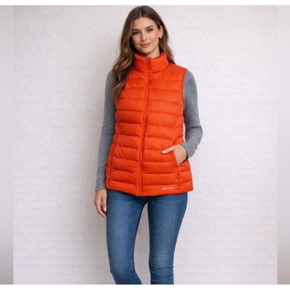 Eddie Bauer EB650 Down Puffer Vest Orange Womens Large Full Zip Vest Jacket